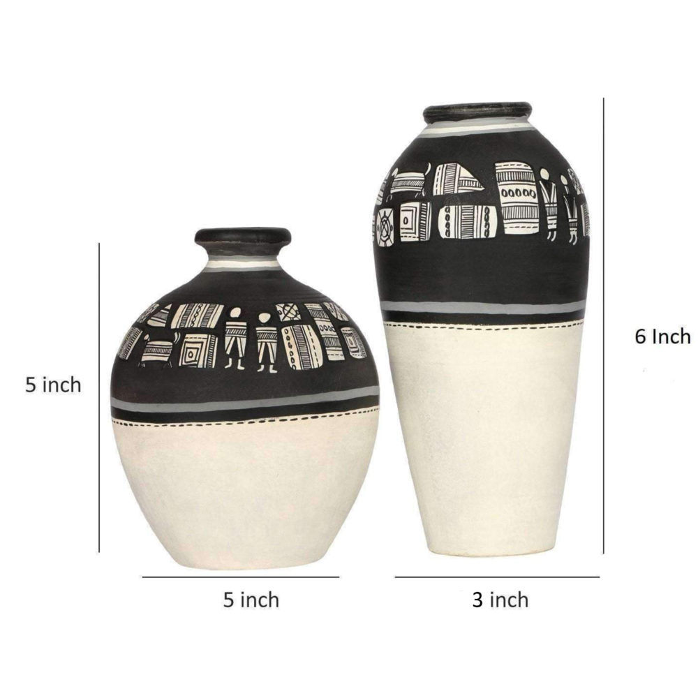 Moorni Vase Earthen Handcrafted Black & White Warli (Set of 2) (5x5/6x3)