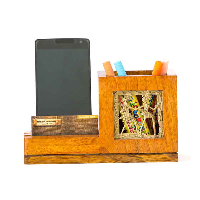 Olha-o Mango Wood Pen Stand with Card & Mobile Holder