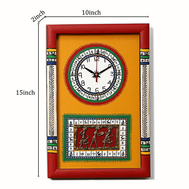 Moorni Wall Clock Handcrafted Warli/Dhokra Art Yellow Dial with Glass Frame - (10x15 in)