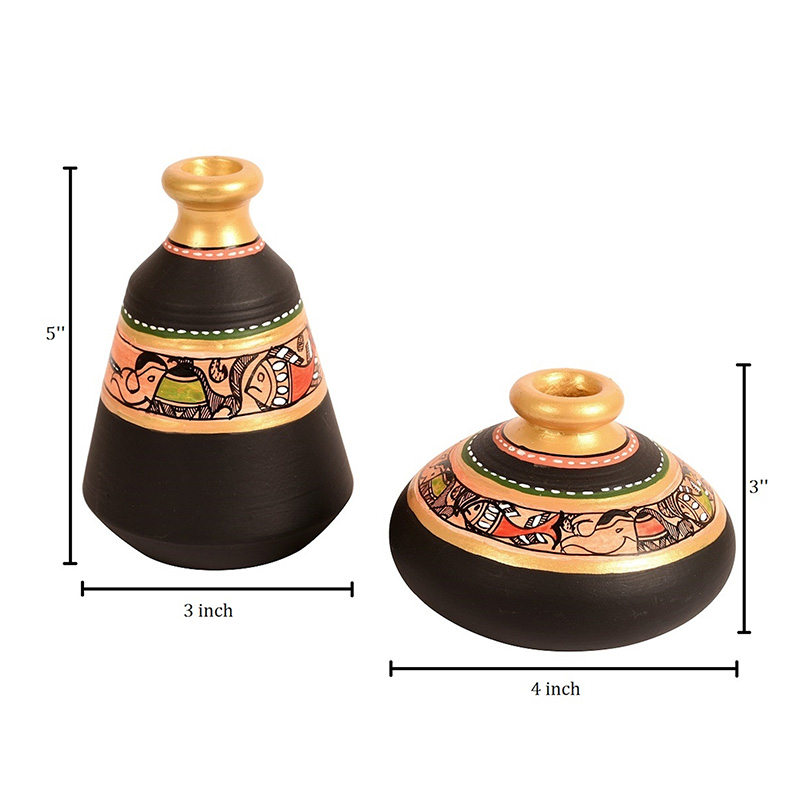 Moorni Wall Decor 2 Wooden Shelf & 2 Pots Madhubani Black - (5.5x2.5x8.5 in)