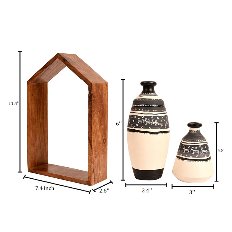 Moorni Wall Decor Wooden Shelf with 2 Pots Warli - (7.5x2.75x11.5 in)