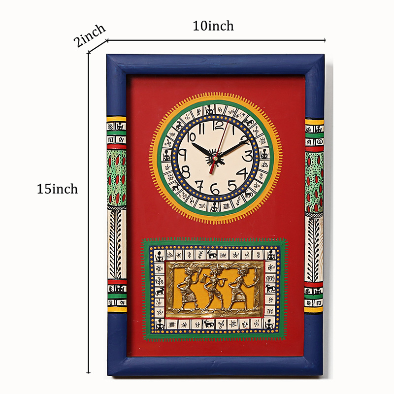 Moorni Wall Clock Handcrafted Warli/Dhokra Art Red Dial with Glass Frame - (10x15 in)