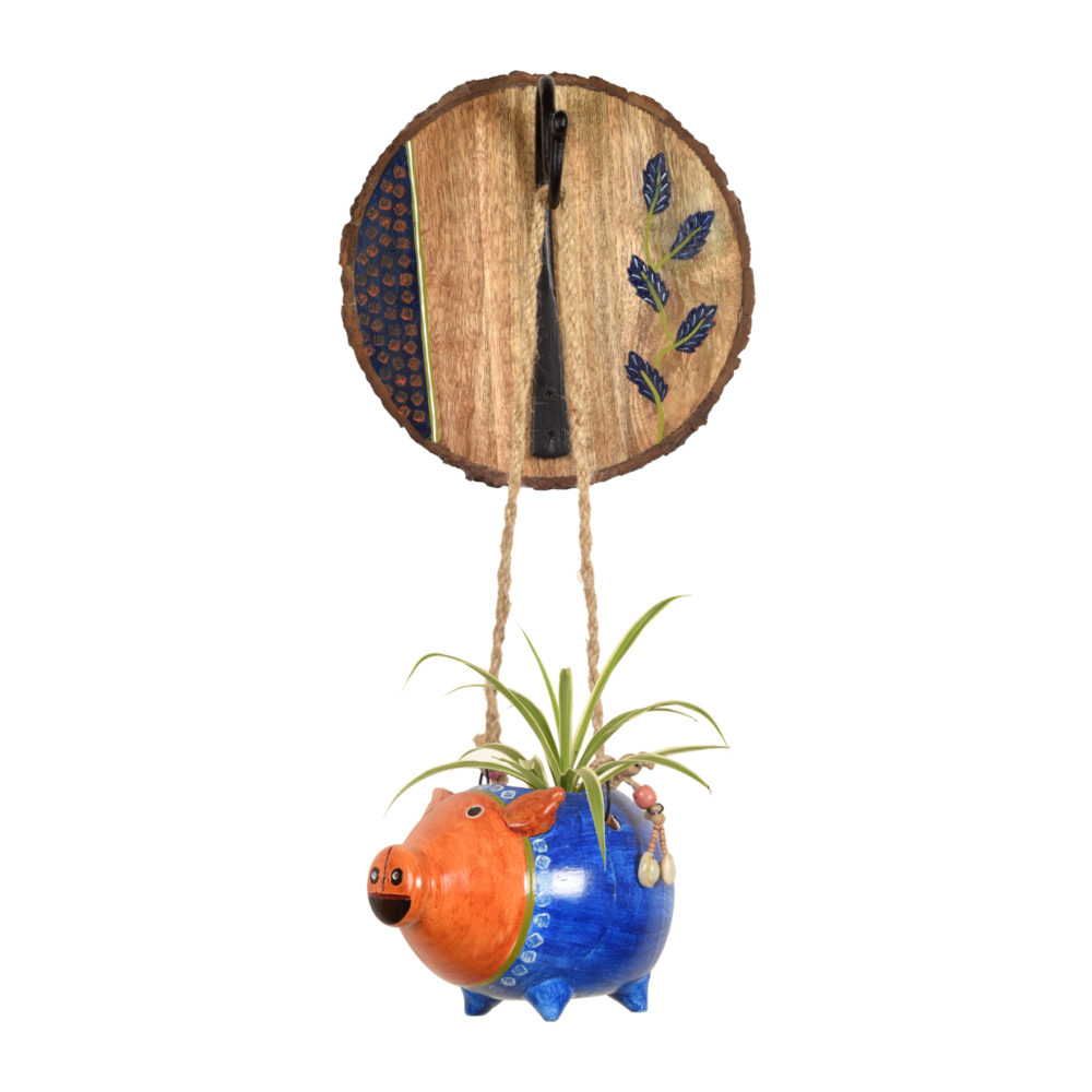 Moorni Blue Pig Earthen Planter on a Round Wall Hook