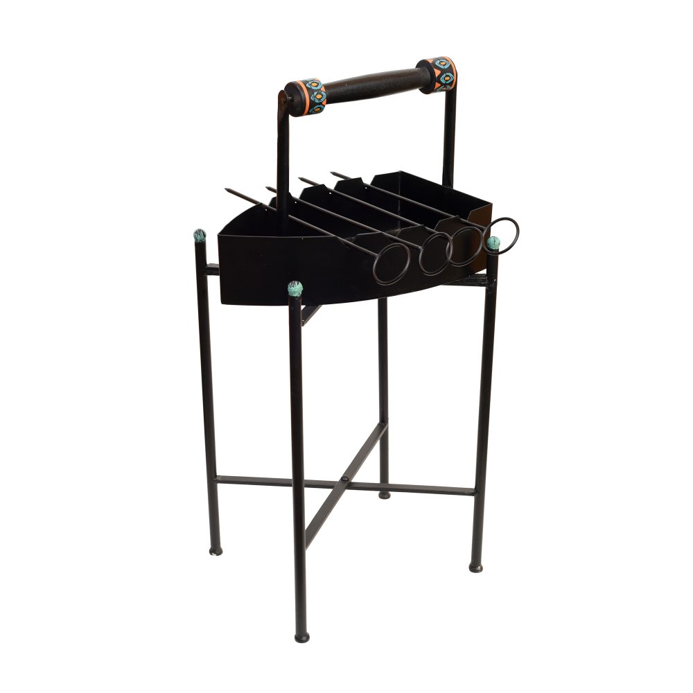 Moorni Stylish Steam Iron Bar-B-Que with Skewers on Cross Folding Metal Stand (12x12x24)