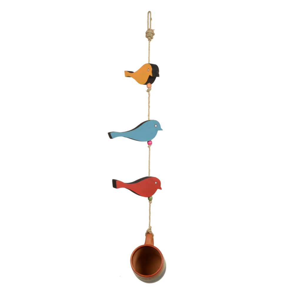 Moorni Blue Cup Hanging Bird Feeder with Bird Motifs