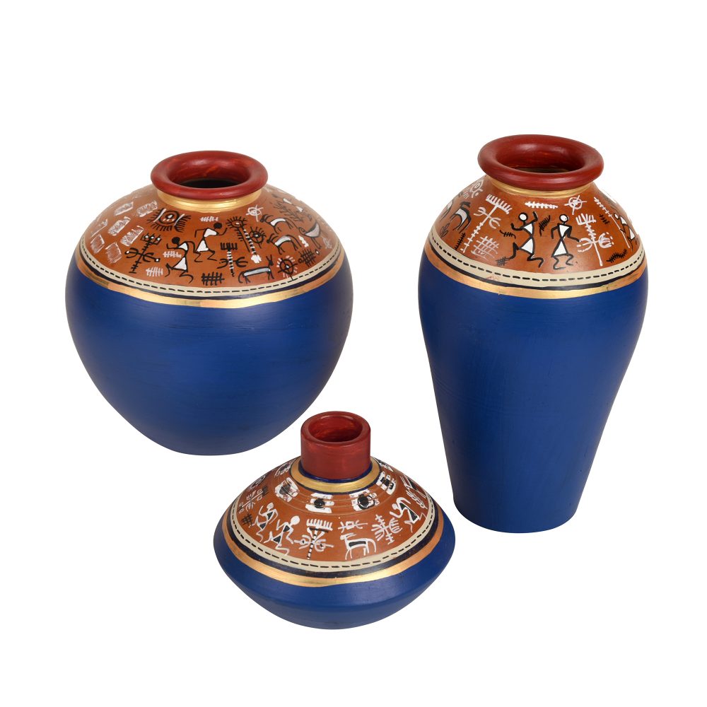 Moorni Exotic Warli Vases in Blue color (Set of 3)