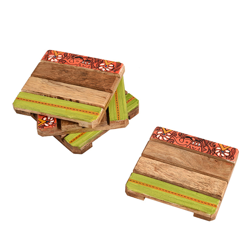 Moorni Coaster Sq Mangowood Handcrafted with Madhubani Art - Set of 4 (4Ã—4 in)