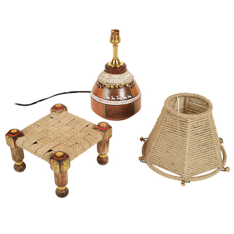 Moorni Hand Knitted Earthen Lamp with Jute Shade on Rosewood Manji - (7x7x18 in)