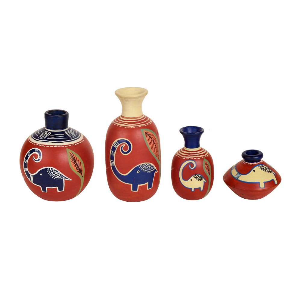 Moorni Happy Elephant Vases (So4) in Rustic Red (5x2.5/4x3/2.5x2.5/6x3 HxDia)