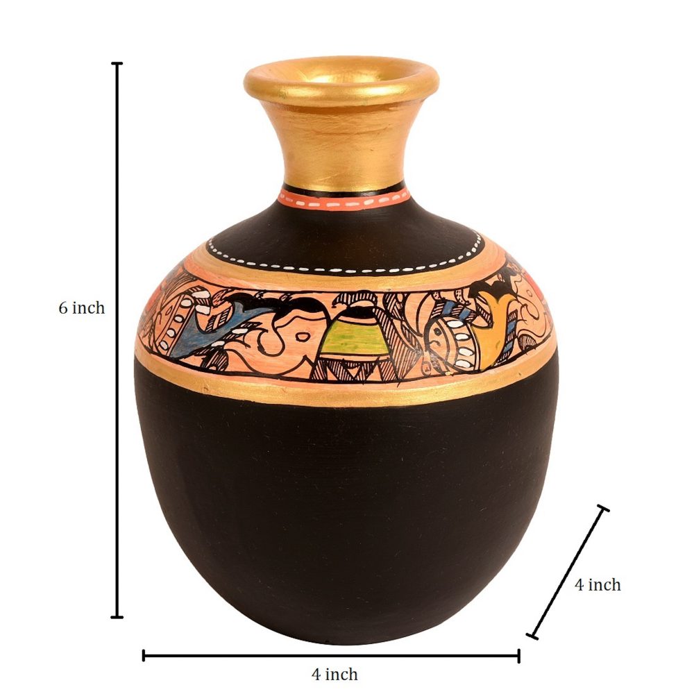 Moorni Vase Earthen Handcrafted Black Madhubani 6x4(HxD)