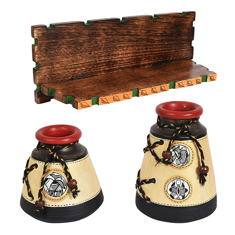 Moorni Wall Decor Wooden Shelf with 2 Pots Madhubani Design - (15x5.5x6 in)