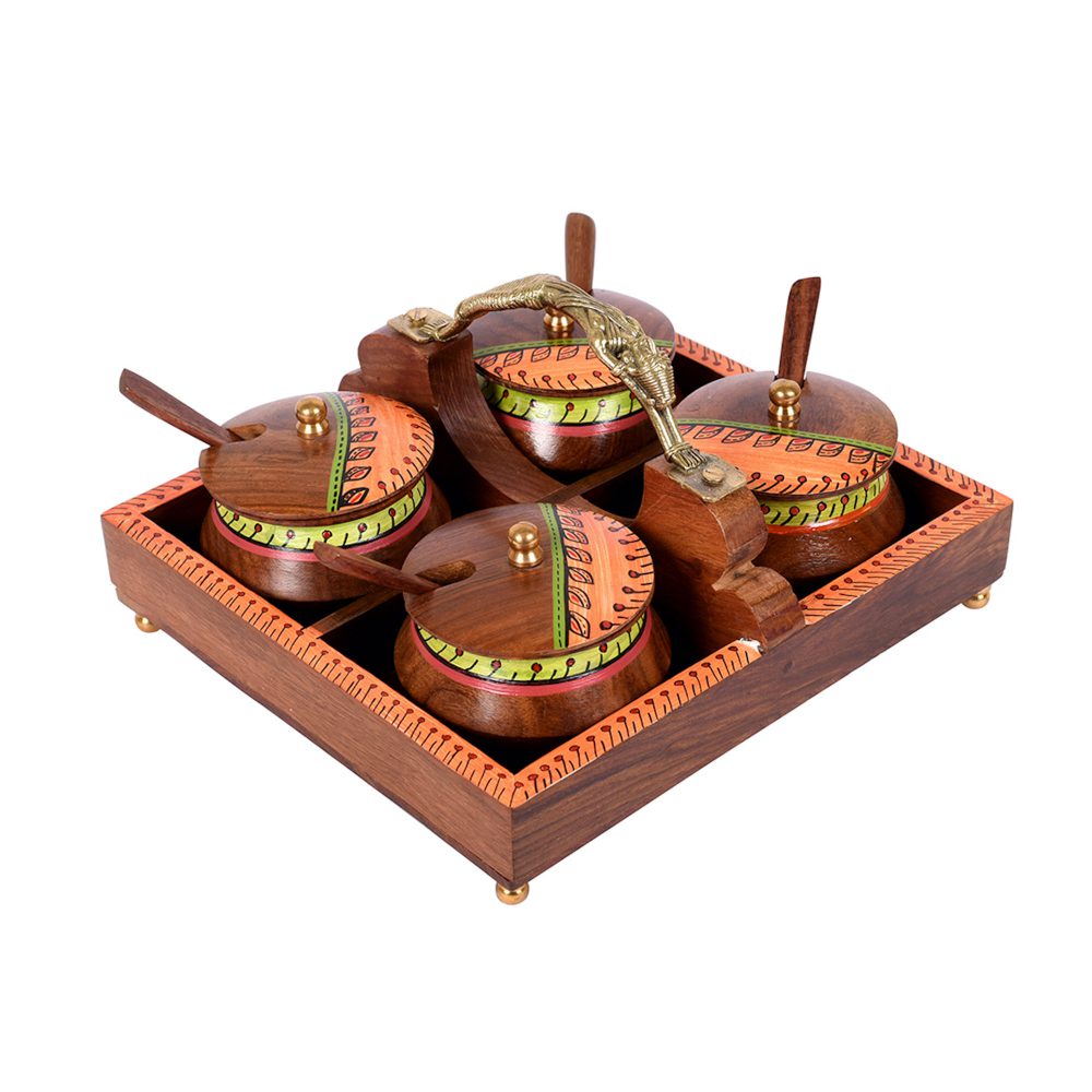 Moorni Tray & 4 Wooden Handi with Warli Design (Set of 5) (8x7.5x4.5)