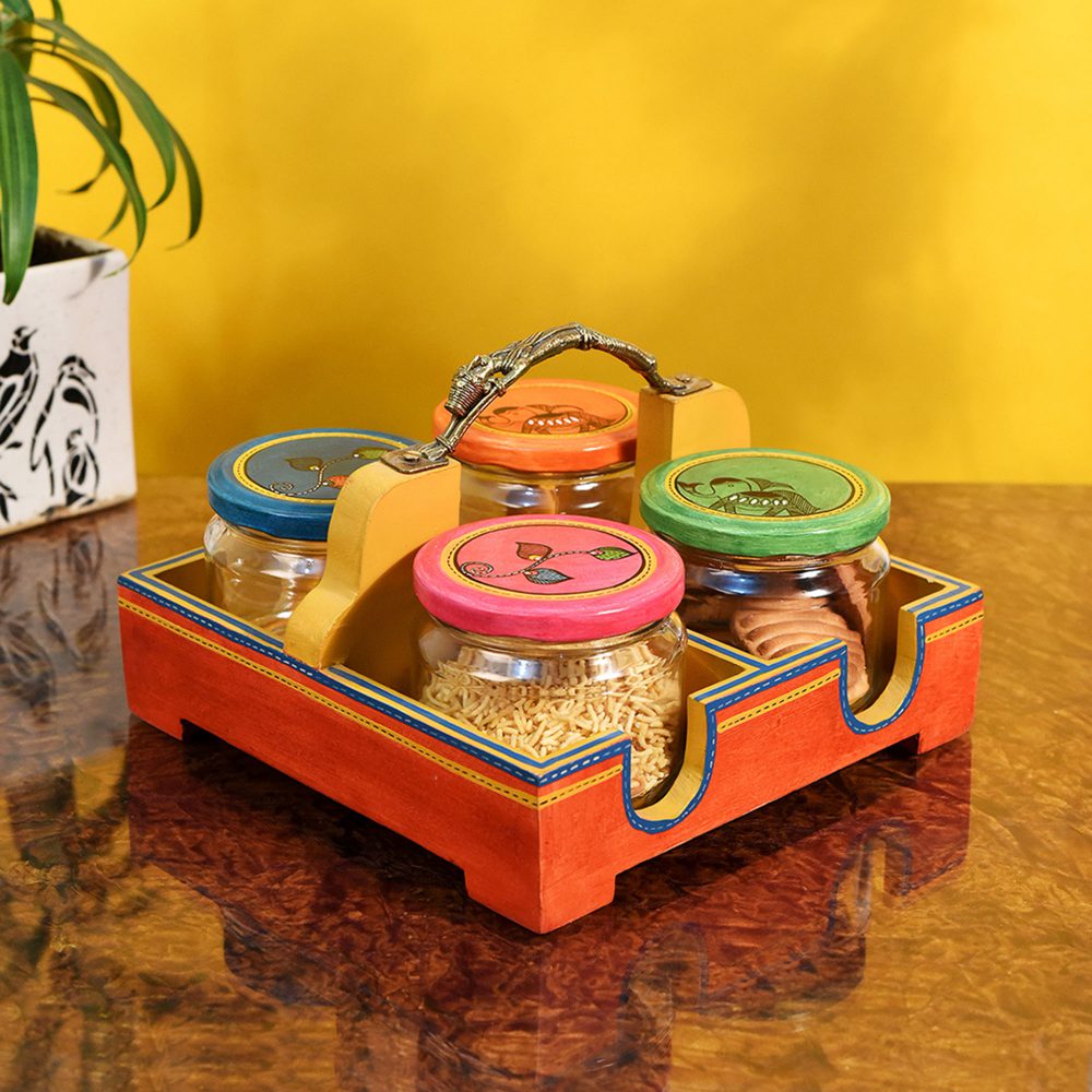 Moorni Tray with Brass Handle & 4 Jaar Madhubani Orange (Set of 5) (8.5x8.5x5.4)