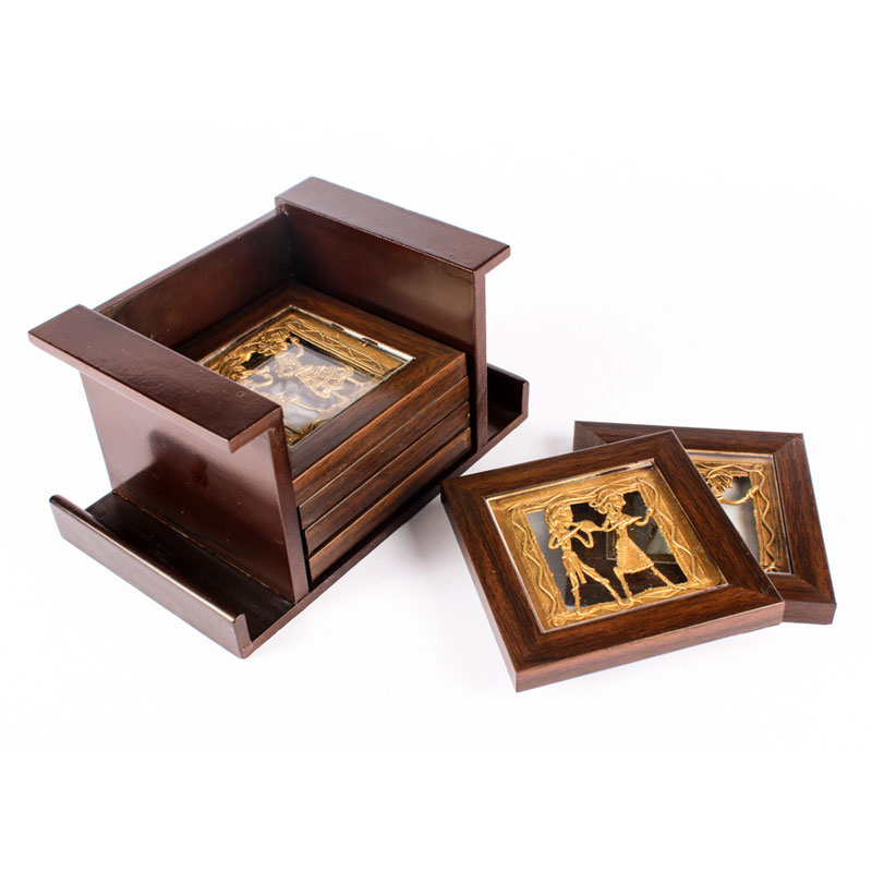 Olha-o Tribe Set of 6 Coasters with Stand Brown