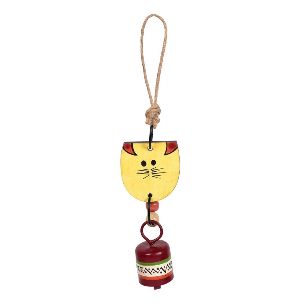 Moorni Art Creations Handpainted Yellow Wild Cat Wind Chimes with Metal Bell for Outdoor Hanging and Home Decoration