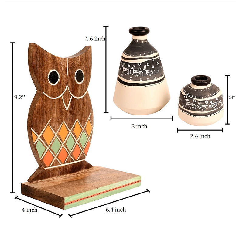 Moorni Wall Decor Owl Shelf with 2 Pots Handcrafted in Wood - (6.5x4x9.2 in)