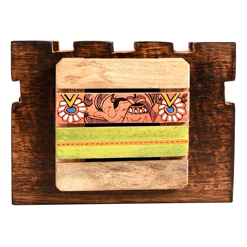 Moorni Tissue Holder Handcrafted in Wood with Tribal Art - (7x3x5 in)