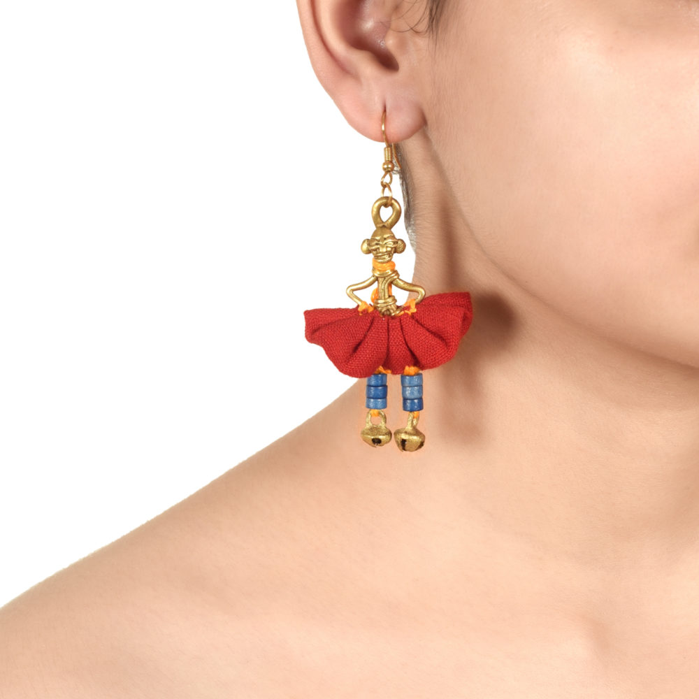 Moorni The Dancing Empress Handcrafted Tribal Dhokra Earrings in Sunset Orange