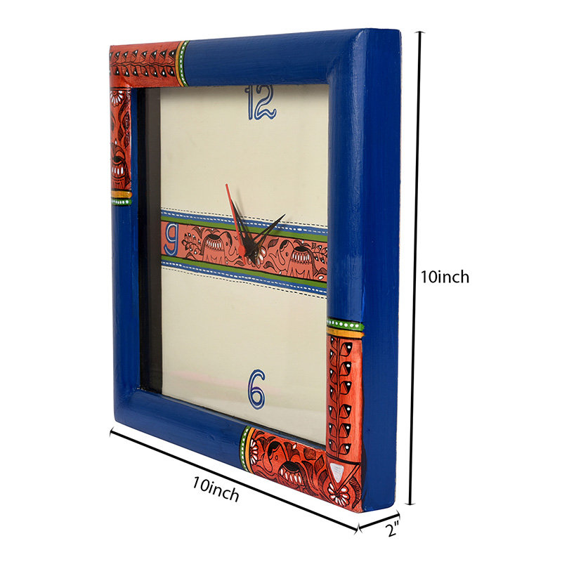 Moorni Wall Clock Handcrafted with Madhubani Art Blue Frame with Glass - (10x2x10 in)