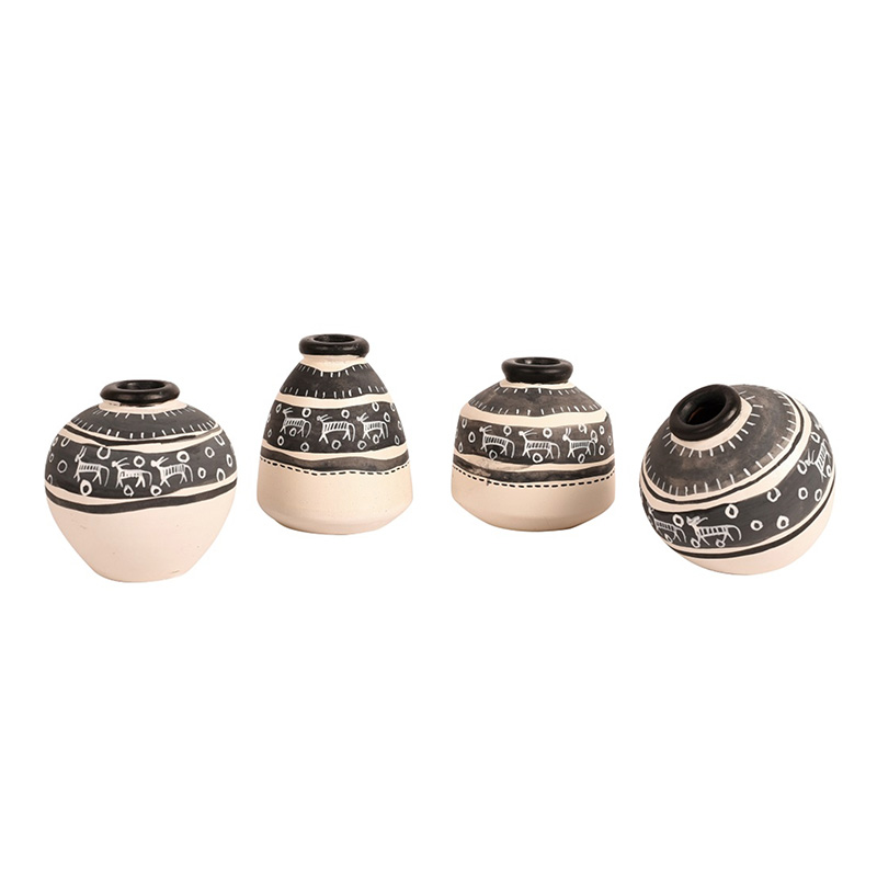 Moorni Wall Decor Ladder & 4 White Handcrafted Warli Pots - (16.5x2x6 in)