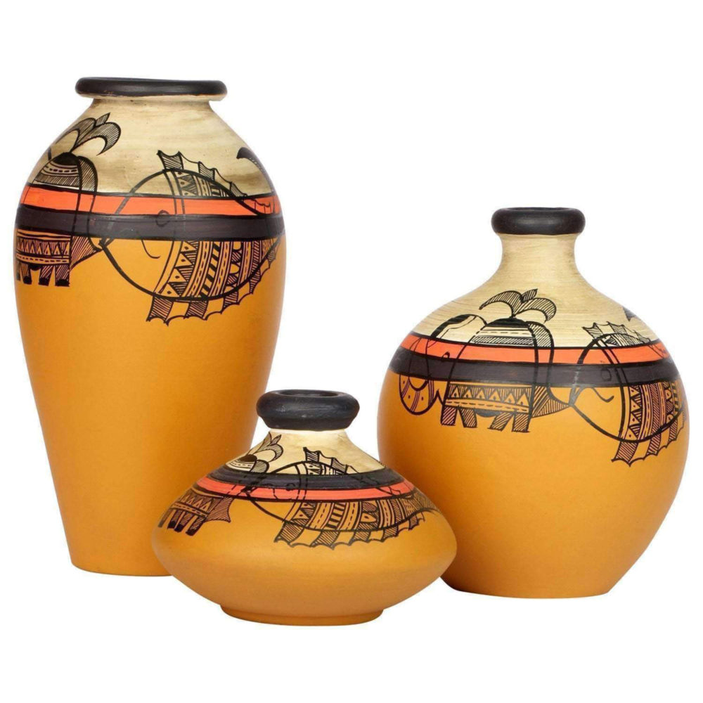 Moorni Vase Earthen Miniatures Yellow Madhubani (Set of 3) 4.4/5/7