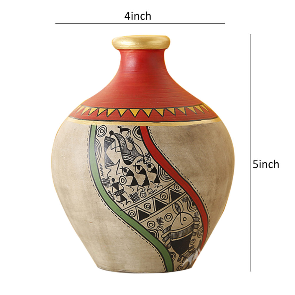 Moorni Vase Earthen Handcrafted Red & Gold Warli 5x4(HxD)