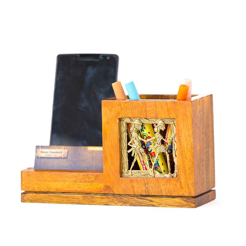 Olha-o Mango Wood Pen Stand with Card & Mobile Holder