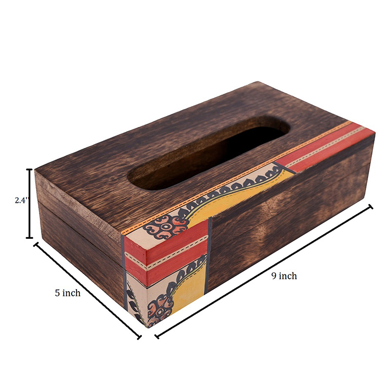 Moorni Tissue Box Handcrafted in Wood with Tribal Art Flower Design - (9x5x2.5 in)