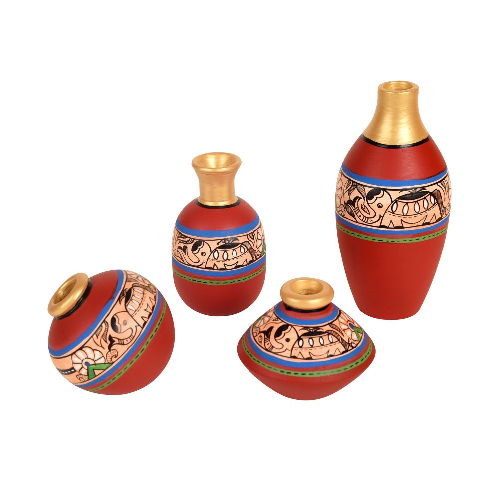 Moorni Rustic Madhubani Vases (So4) in Red color (5x2.5/4x3/2.5x2.5/6x3 HxDia)