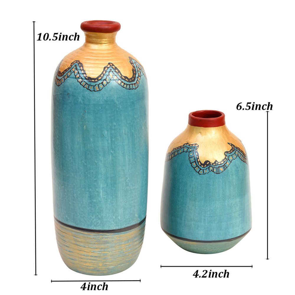 Moorni Turquoise Blue Golden Glaze Vase Set of 2 (10.5x4/6.5x4 Dia)